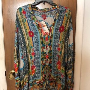 Multi colored long sleeve button up silk blouse